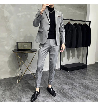 High quality Korean slim fit (suit + trousers) Fashion business handsome casual solid color wedding suit two-piece set