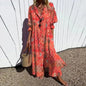 Women's Elegant Plus Size Pleated Short Sleeve V Neck Long Dresses Sweet Style High Waist Printed Dress Female Casual Loose Gown