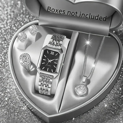 5PCS/Set Elegant Rectangle Women Watches Fashion Roma Dial Ladies Quartz Wristwatch Rhinestone Jewelry Set（Without Box）
