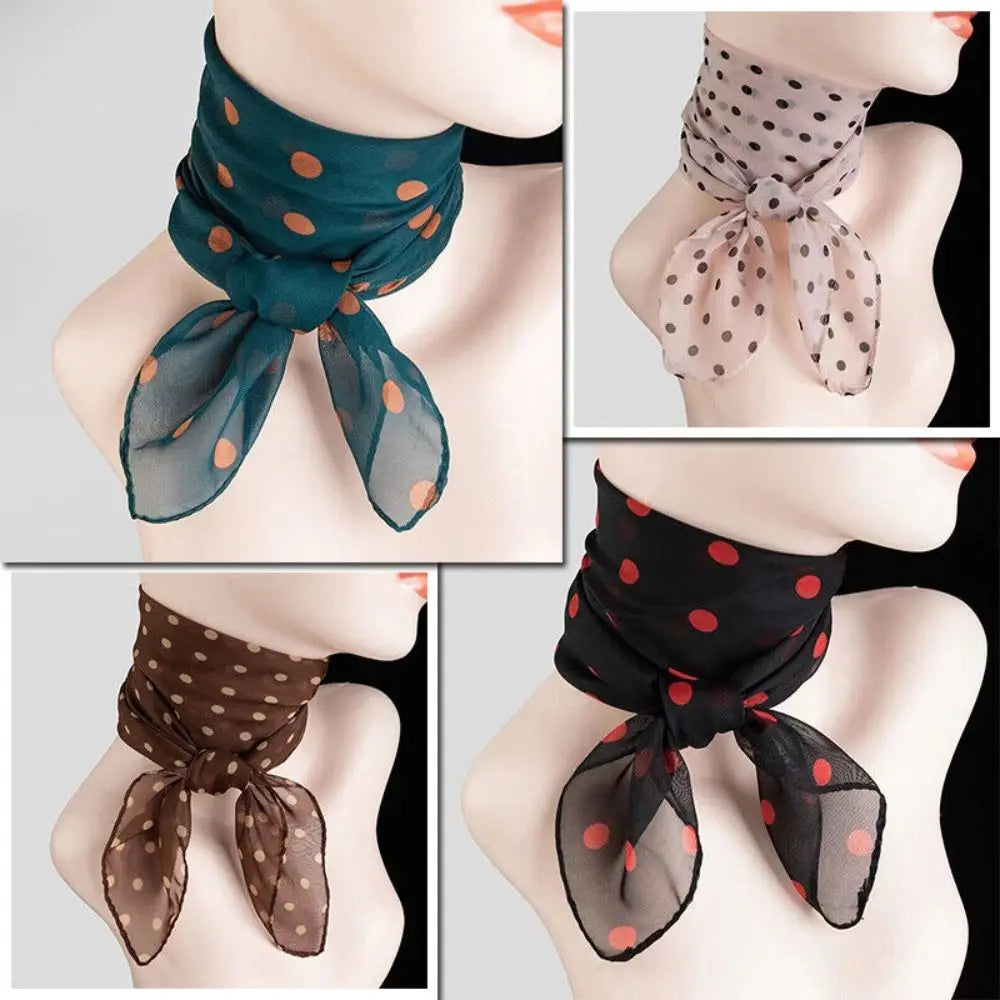 Summer Polka Dot Print Artificial Silk Scarf Thin Neck Warp Chiffon Soft Shawl Beach Sunscreen Square Women Neck Scarves