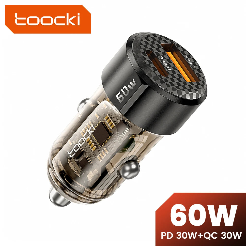 Toocki Transparent USB Type C Car Charger PD QC 3.0 Fast Charging 60W USB C Car Mobile Phone Charger Adapter For iphone Android