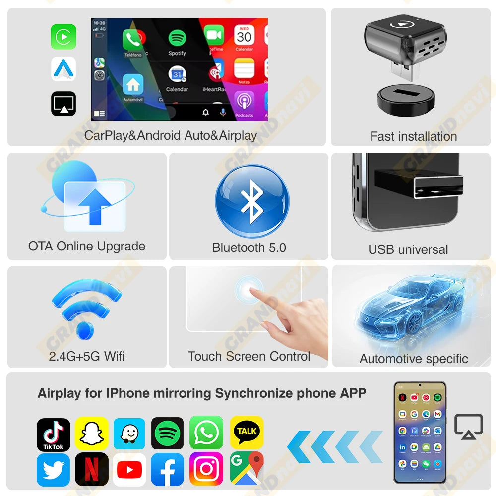 Wireless CarPlay For Apple iPhone Airplay Smart AI Box Bluetooth WiFi Android Auto Connect Car System 3in1 Car Play Adapter