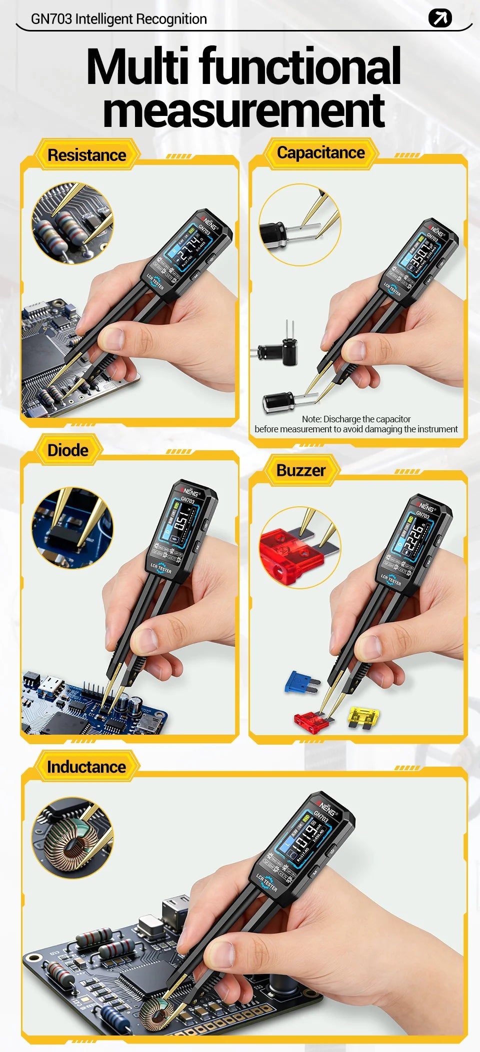 ANENG GN703 Smart Tweezers LCR Meter Professional SMD ESR Test Capacitance Resistance Inductance Digital LCR Bridge Calibration