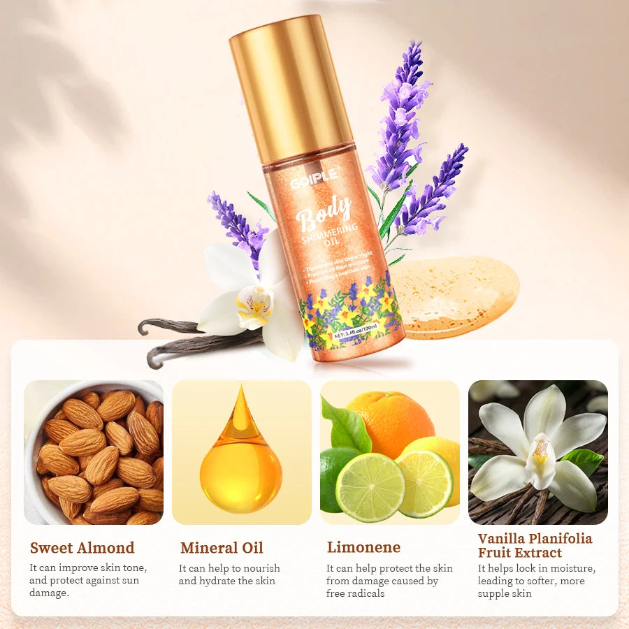 GOIPLE Body Shimmering Oil Long Lasting Moisturizing Gold Bronze Contour Brightener Non-sticky Liquid Body Glitter Care Products