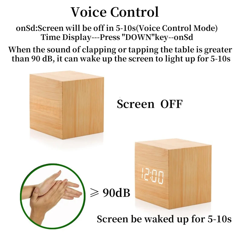 Voice Control  Wooden Digital Alarm Clock TEMP Date 3 Alarms Desktop Electronic Table Clock 12/24H USB Powered LED Bedside Clock