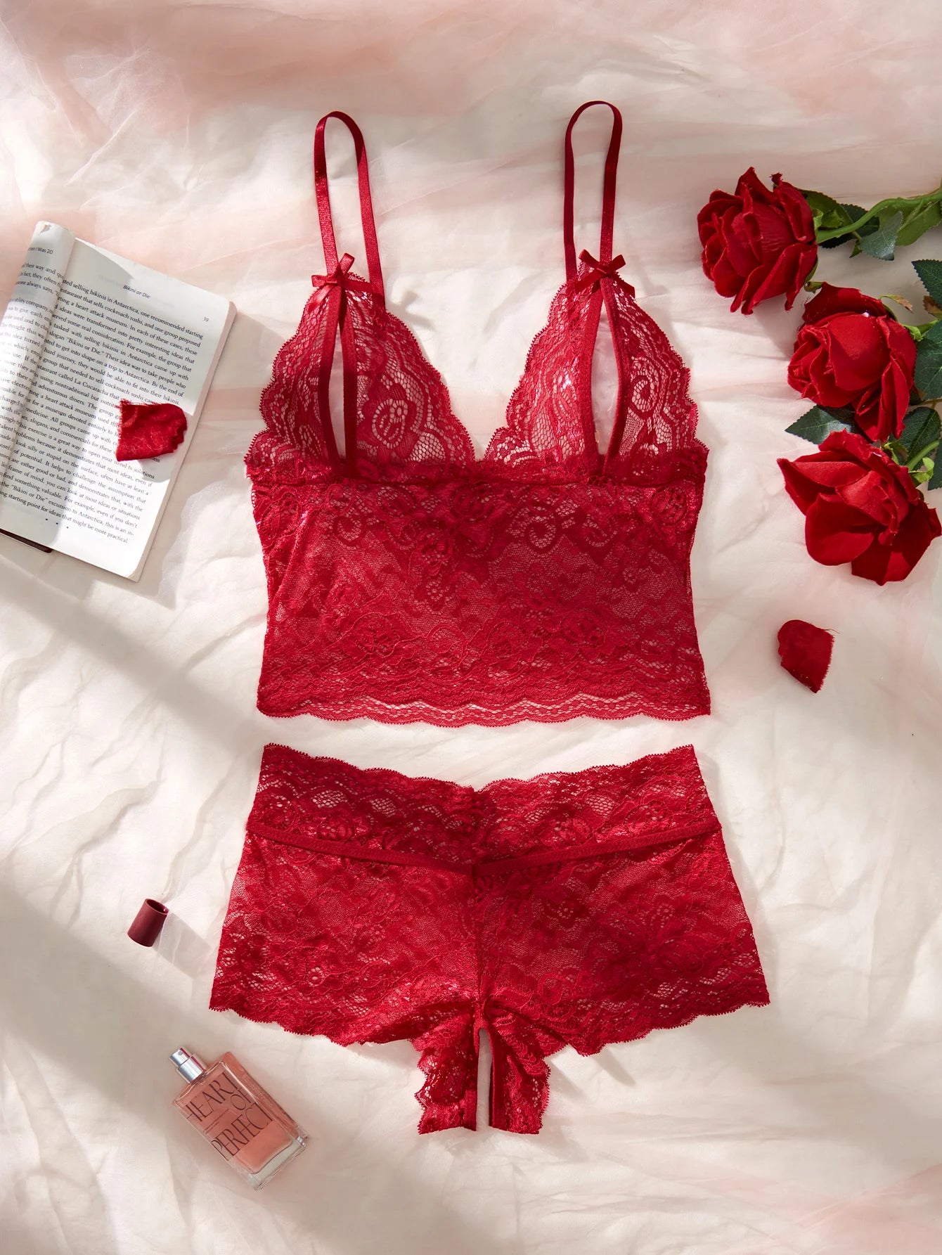 Women Black Open-Back Lace Two-Piece Panties Underwear Sleep Set