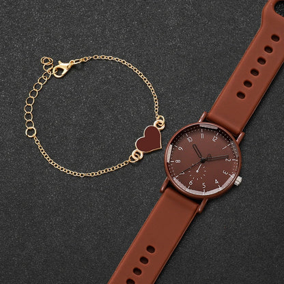 2PCS/Set Fashion Women Watches Casual Arabic Dial  Silicone Band Quartz Wristwatch Heart Bracelet Set Reloj Mujer (Without Box)