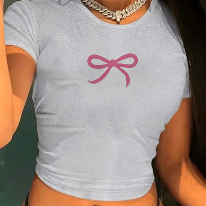 Women's Vintage Crop Tops with Pink Artistic Bow Print Graphic T-Shirt Simple Elegant Design Print Cropped T Shirt Sexy Tshirt