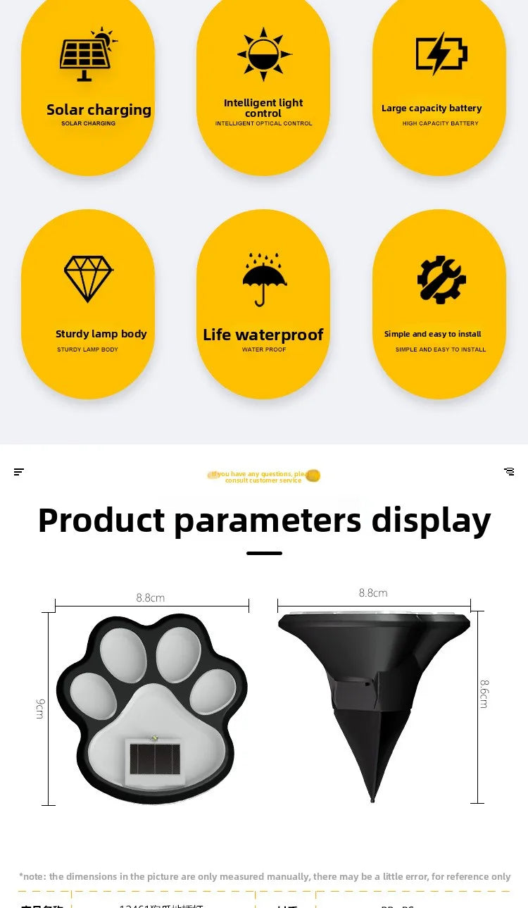 Outdoor  Paw Print Lights LED Solar Light Waterproof Dog Cat Animal Paw Print Light Path Lawn Lamp for Garden Patio Lawn Camping
