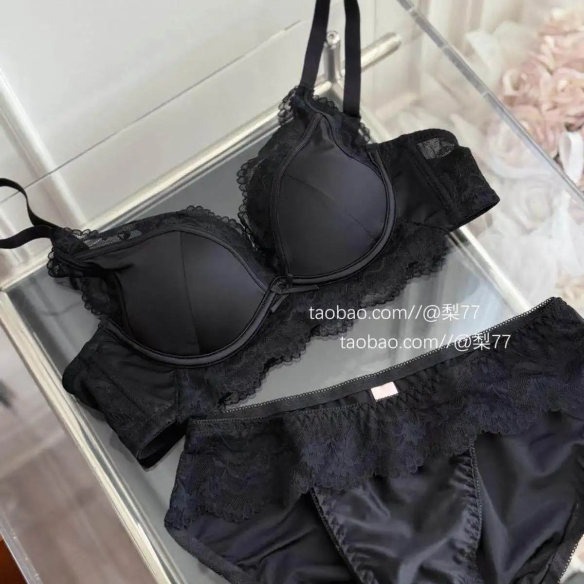 French Style Lace Satin Splice Bra Set Women Small Chest Gathered Lift Up Comfortable Soft Daily Underwear Lingerie Suit 32-38AB