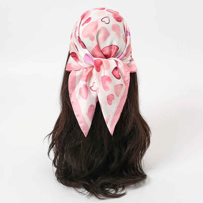 Cute Styles Girl Silk Scarf Luxury Women Hair Scarves Square Design Pink Heart Headscarf 70cm Summer Shawl Hijab Wrap Headband