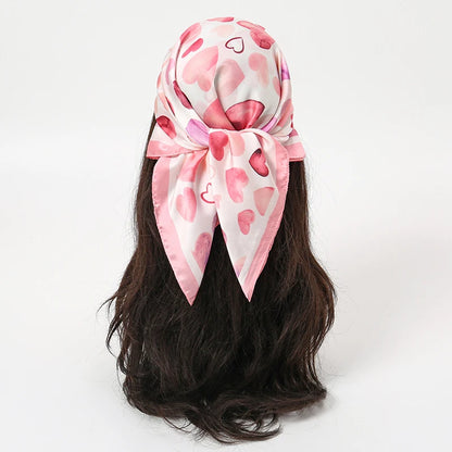 Cute Styles Girl Silk Scarf Luxury Women Hair Scarves Square Design Pink Heart Headscarf 70cm Summer Shawl Hijab Wrap Headband