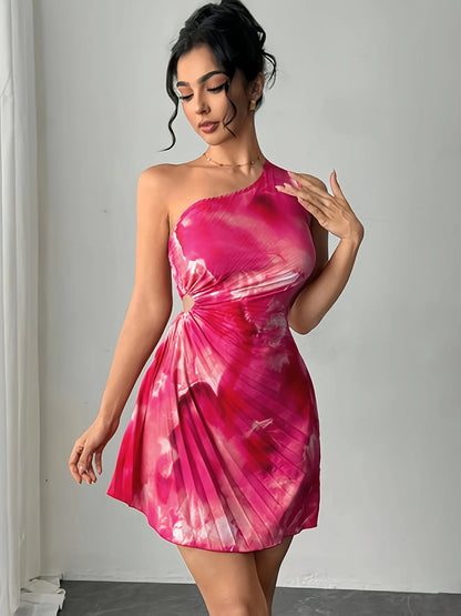 Summer Elegant Ink Print Smudge Cut-out Waist Dress Slanted Shoulder Collar Pressed Pleated Women's Dresses