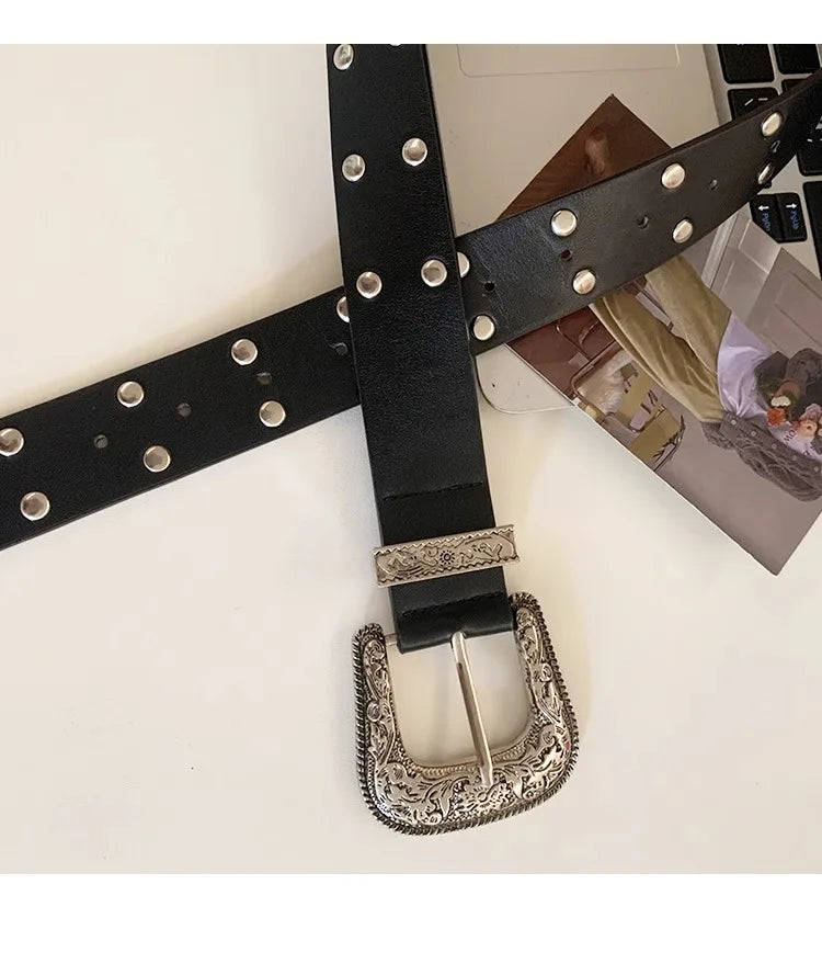 New Black Fashion Retro Rivet Belt Women's Fashion Personality High-End with Jeans Belt Trend Style Women Belt