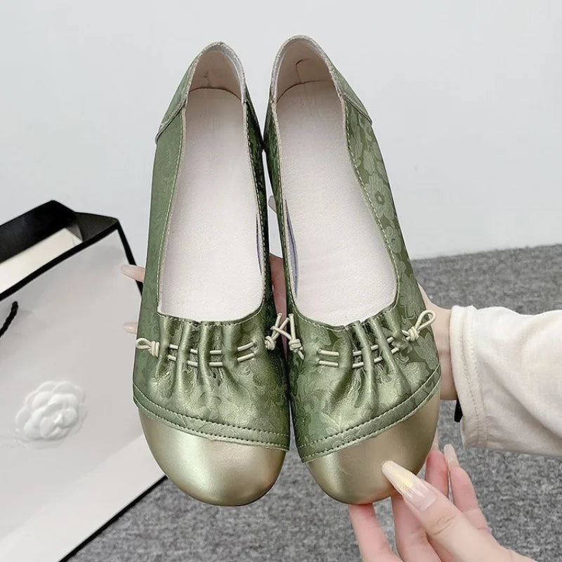 Chinese Style Color Block Slip-on Flats, Low Heel Comfortable Versatile Work Shoes for Women