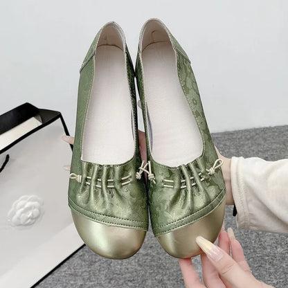 Chinese Style Color Block Slip-on Flats, Low Heel Comfortable Versatile Work Shoes for Women