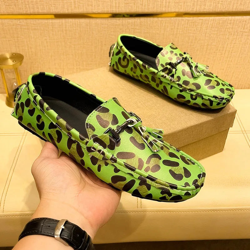 Fashion Red Leopard Leather Casual Shoes Man Designer Tassels Loafers Men Comfortable Slip-on Men's Driving Shoes  Leopard