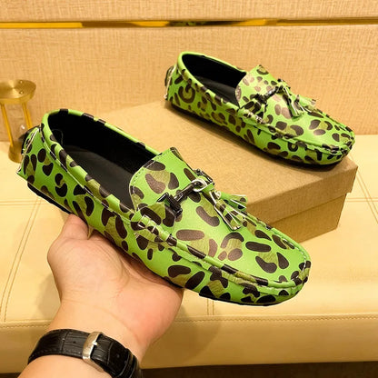 Fashion Red Leopard Leather Casual Shoes Man Designer Tassels Loafers Men Comfortable Slip-on Men's Driving Shoes  Leopard