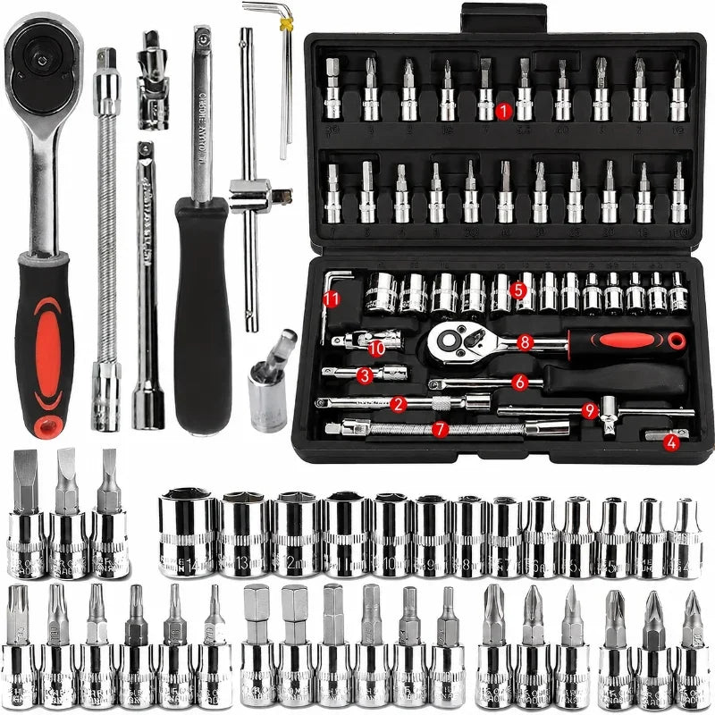 46Pcs 1/4 Inch Socket Tool Kit, Red Ratchet Wrench Combo, Portable Auto Repair Set for Car Maintenance and Mechanic Daily Use