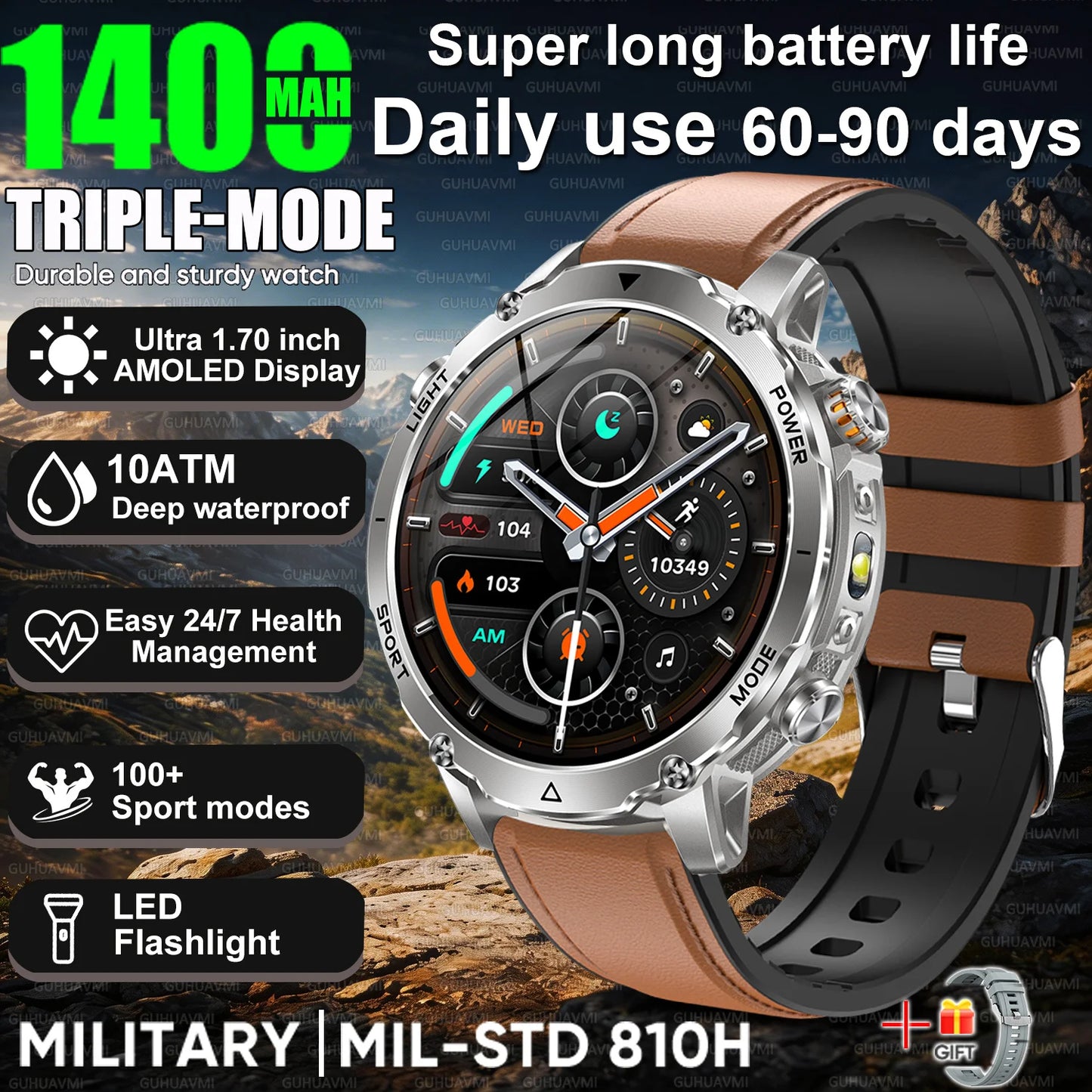 2026 Nowy Wojskowy CZOŁG Smartwatch Połączenia Bluetooth Wodoodporność 10ATM Bateria 1400mAh Monitorowanie Tętna Zegarek Sportowy Outdoor Męski