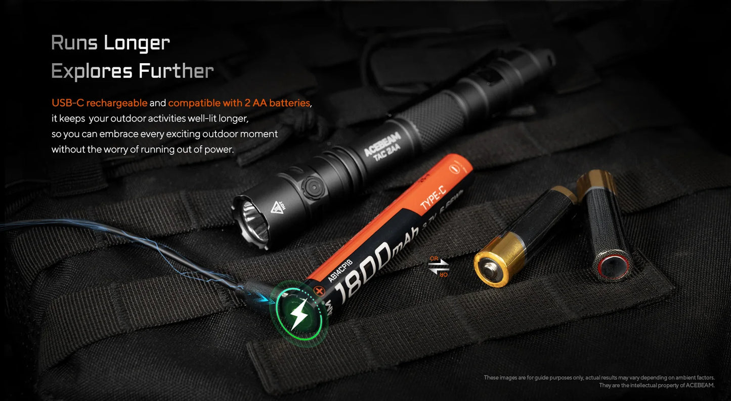 ACEBEAM TAC 2AA EDC Flashlight Rechargeable Wide Voltage(1.2-4.8V) LED Torch With Self Defense Strobe Mode Flashlights Camping
