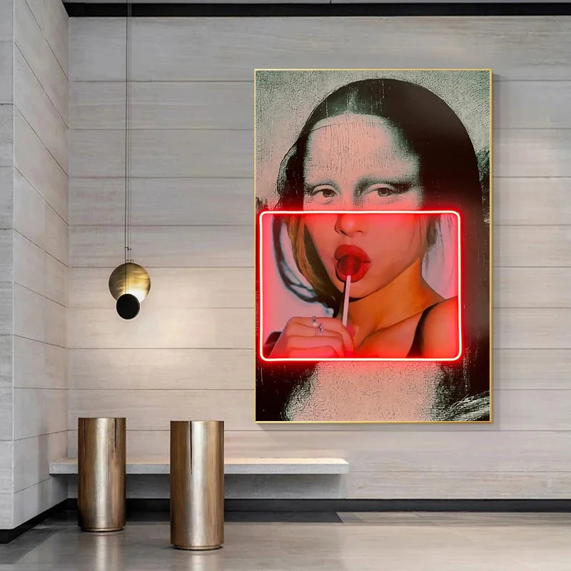 Mona Lisa with Lollipops Neon Pop Art Canvas Print Posters Canvas Painting Abstract Portrait Fashion Wall Art Picture Home Decor