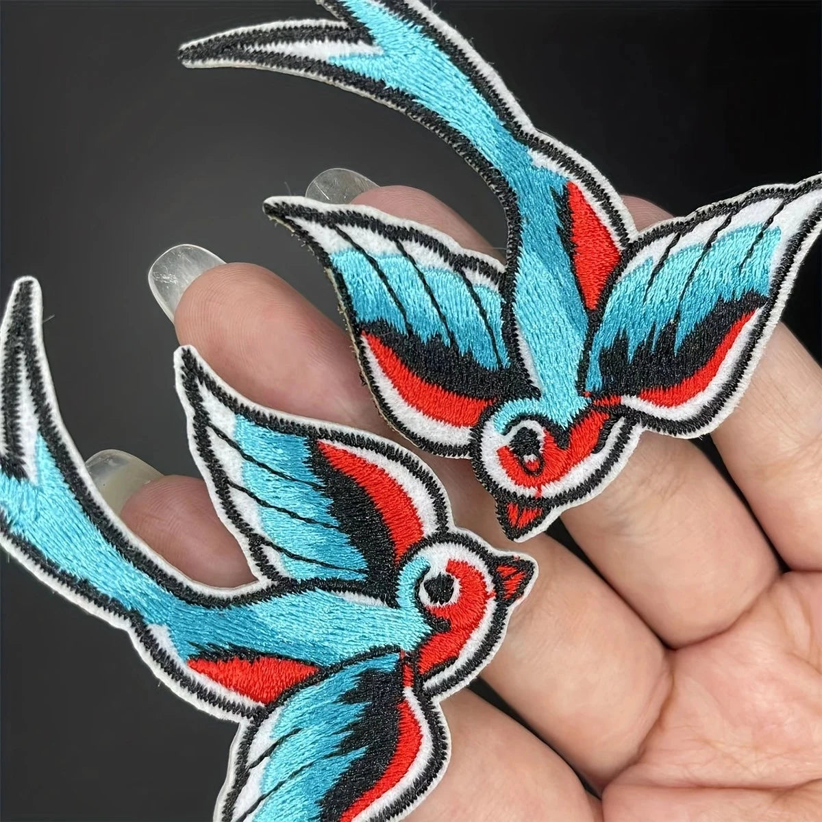 Phenix Birds Azure Blue Pink Gold Embroidered Appliques Iron-On Patches Pair
