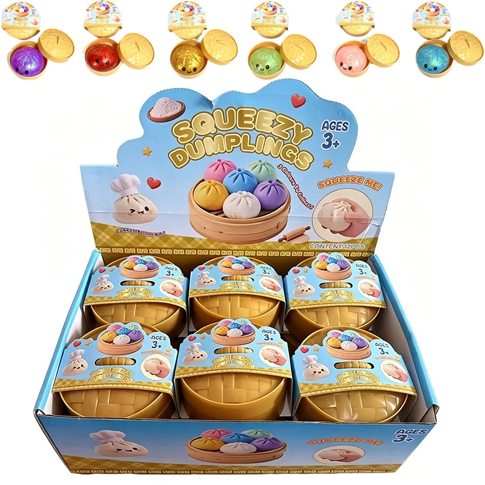 Colorful Dumpling Squishes Stress Balls Fidget Sensory Toys Simulation Food Squishies Bun with Steamer Squeeze Dough Ball Gifts