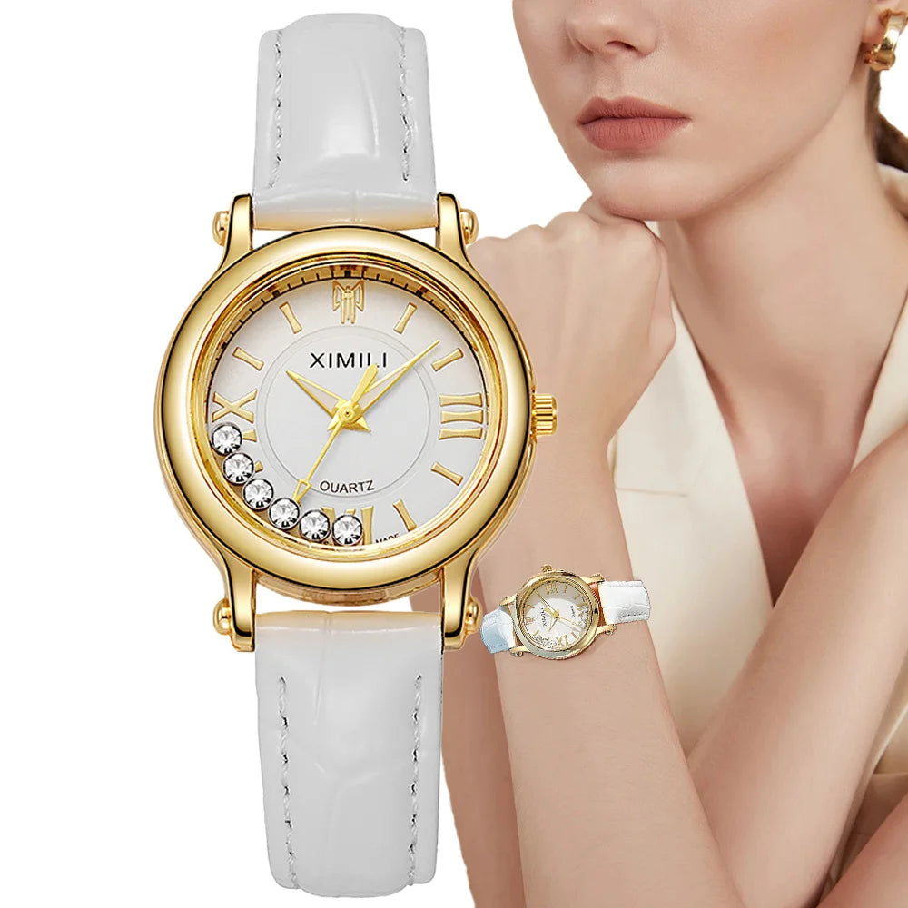 Fashion 2025 New Small Ladies Simple Roller Ball Quartz Watch Business White Leather Women's Dress Gift Clock Wristwatch