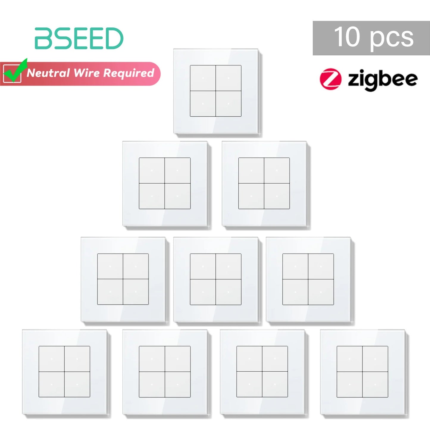 Bseed Zigbee Button Switchs Need Neutral Wire Tuya Smart Life Alexa App Control Glass Frame 86*86mm White Light Switch