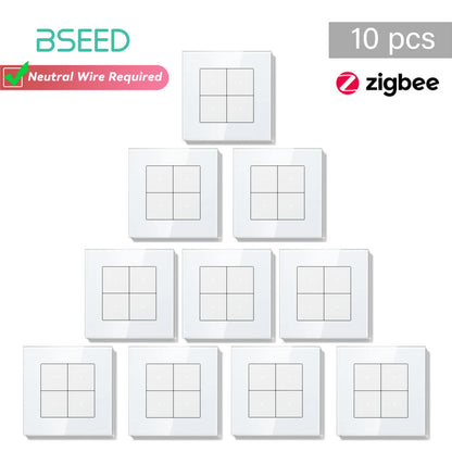 Bseed Zigbee Button Switchs Need Neutral Wire Tuya Smart Life Alexa App Control Glass Frame 86*86mm White Light Switch