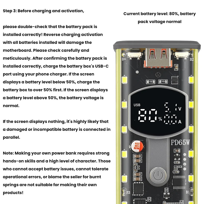 PD65W 45W Super Fast Charging DIY Power Bank Case Weld-Free 8-Cell 18650 Battery Storage Box Daul USB Type C Output