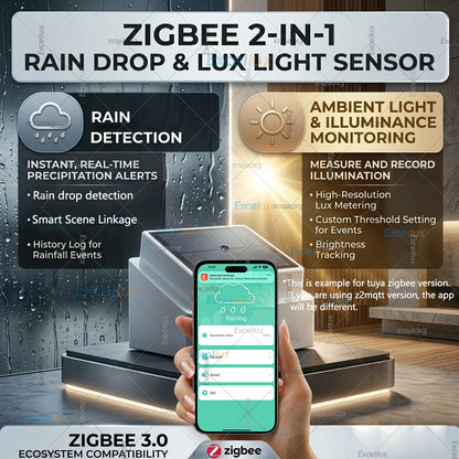 Zigbee Smart Rain Drop Sensor Outdoor RealTime Rain Water Detection With Illuminance Detector,For Tuya/Z2M,Smart Home Automation