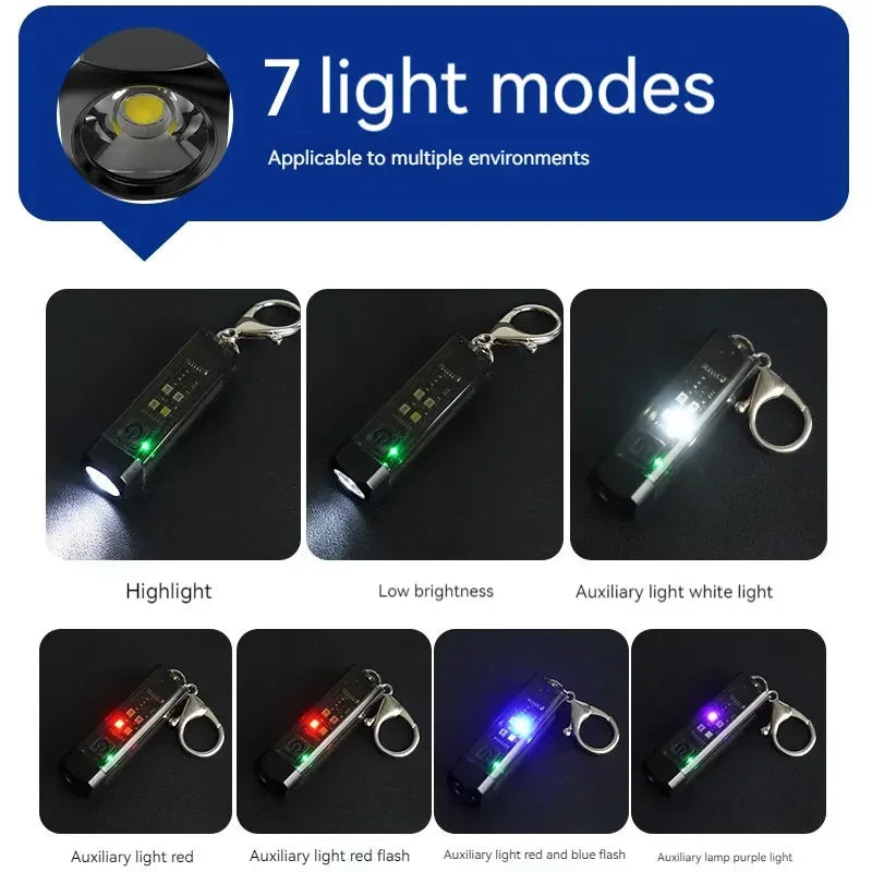 Strong MINI Flashlight Multi-function Keychain Light Mini LED Key Torch Lamp Rechargeable 7 Lighting Modes Camping Fishing
