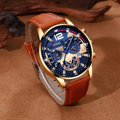2PCS Set Luxury Brown Mens Quartz Watches Fashion Male Business Casual Wristwatch with Bracelet
