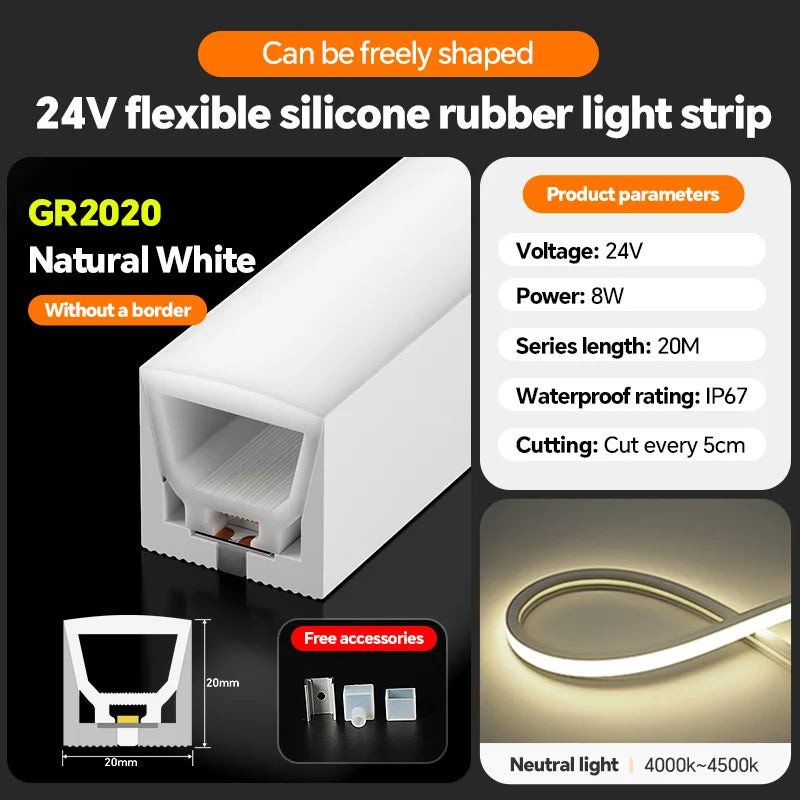 LED flexible silicone light strip embedded 24V waterproof tubing linear lamp concealed installation flexible soft light strip