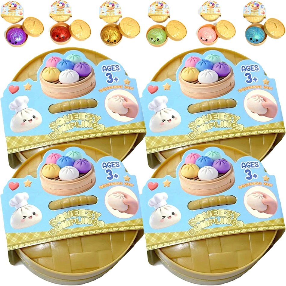Colorful Dumpling Squishes Stress Balls Fidget Sensory Toys Simulation Food Squishies Bun with Steamer Squeeze Dough Ball Gifts
