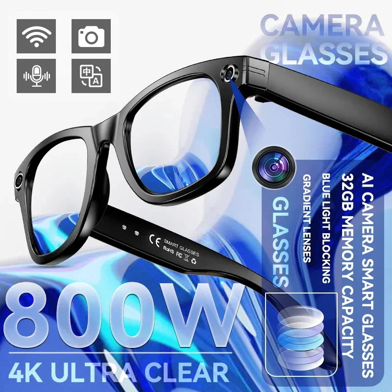 New Leisure Camera Smart Glasses 800W 32GB Memory AI Translation Voice Assistant Video Recording Men Anti Blue Light Sunglasses