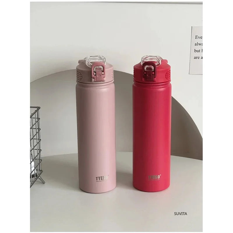 TYESO 600/750ml Thermos Water Bottle with Straw, Stainless Steel Car Thermal Sports Cup, Keeps Cold & Heat Travel Mug