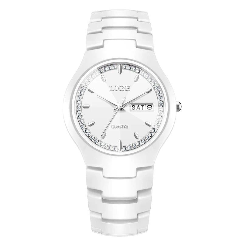 LIGE Women's wristwatch elegant women's watch ceramic quartz waterproof clock week calendar fashion Watch for Women reloj mujer