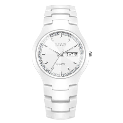 LIGE Women's wristwatch elegant women's watch ceramic quartz waterproof clock week calendar fashion Watch for Women reloj mujer