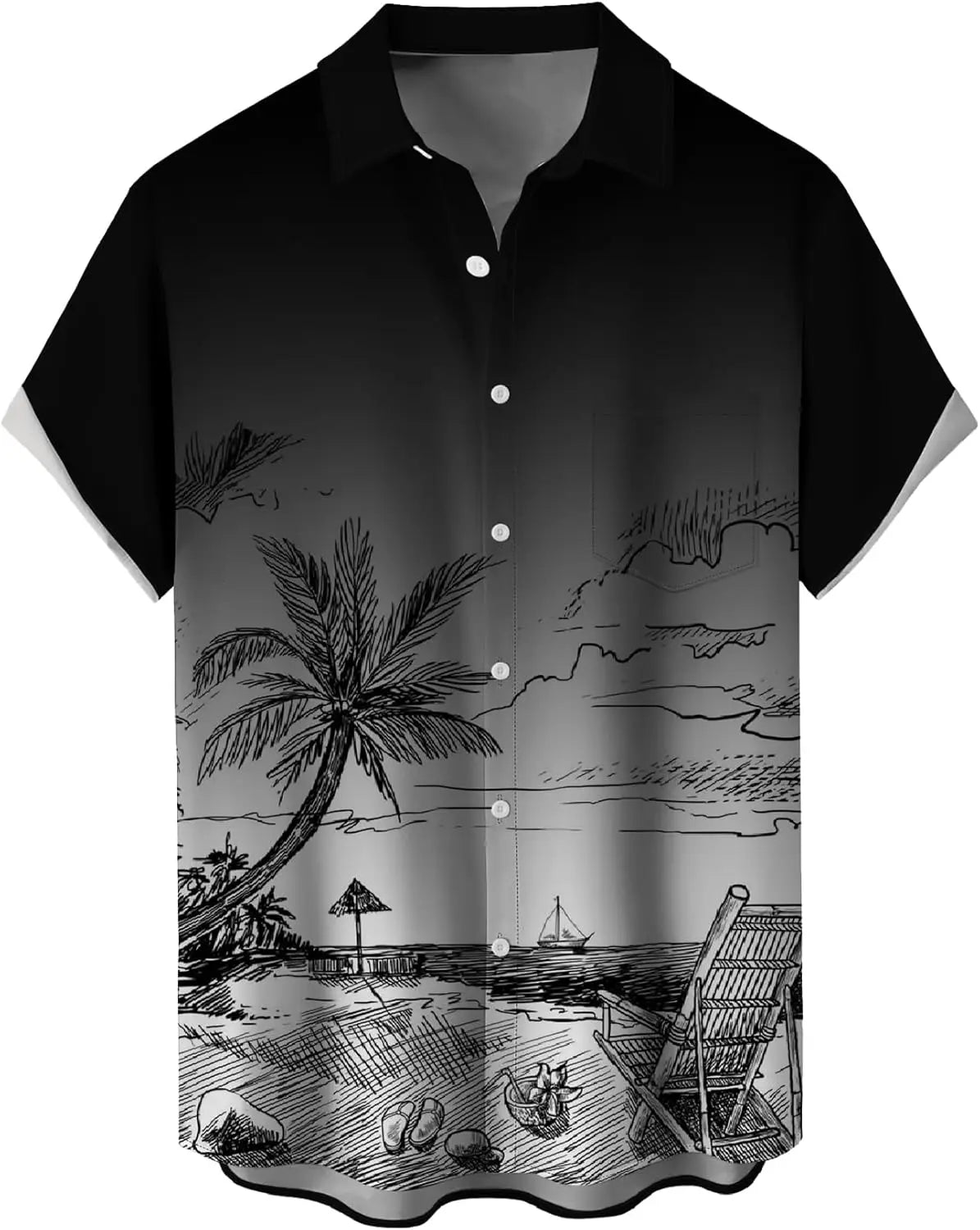 Summer Men's Gradient Sketch Coconut Tree 3D Printed Shirt, Vintage Hawaiian Tropical Quick Drying Loose Shirt