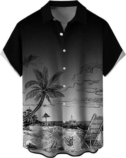 Summer Men's Gradient Sketch Coconut Tree 3D Printed Shirt, Vintage Hawaiian Tropical Quick Drying Loose Shirt