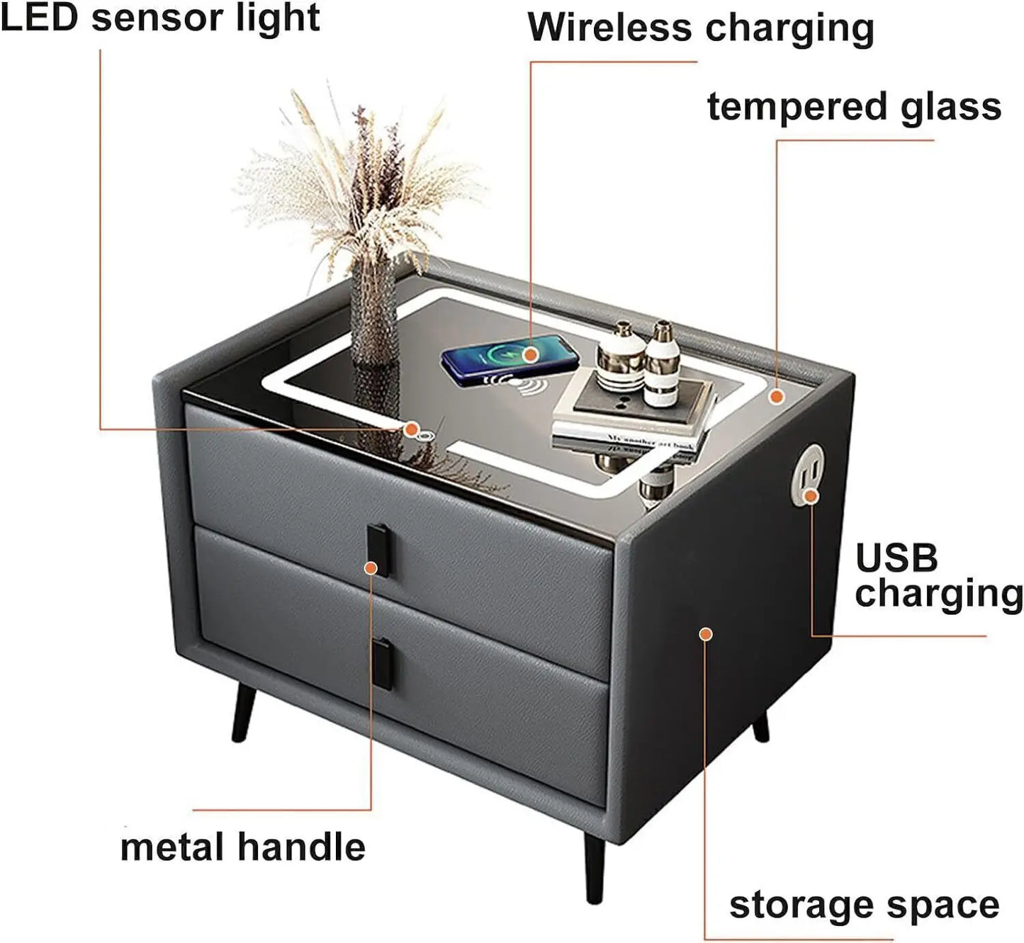 1Pcs Gray Bedside Table with Wireless Charging & USB Charging Station, Led Bedside Table with 2 Drawers, Smart Nightstand Organizer for Bedroom Use