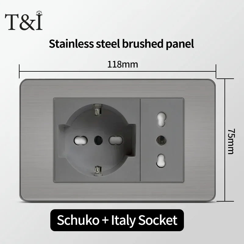 118 US Mexico Grey Stainless Steel Brushed 2way Electrical Light Switch Home Wall Socket Plug Double USB Type-C Power Outlet