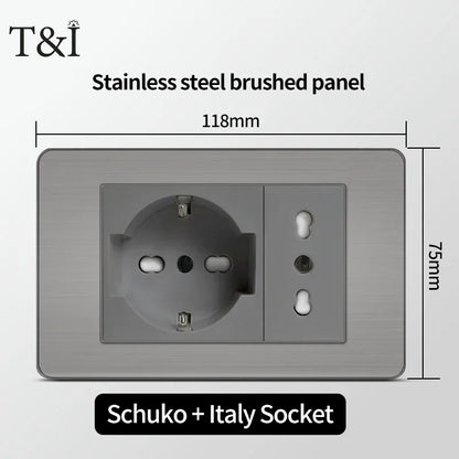 118 US Mexico Grey Stainless Steel Brushed 2way Electrical Light Switch Home Wall Socket Plug Double USB Type-C Power Outlet