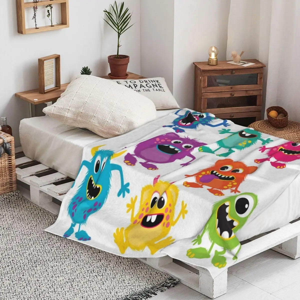 Colorful Cute Cartoon Furry Monster Repeating Print White Base Flannel Throw Blanket,Soft Warm Sofa Cover,Kids Bedroom Rest Gift