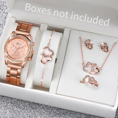 6PCS/Set Women's Watch Fashion Rhinestone Stainless Steel Band Quartz Watch Double Heart Jewelry Set（Without Box）