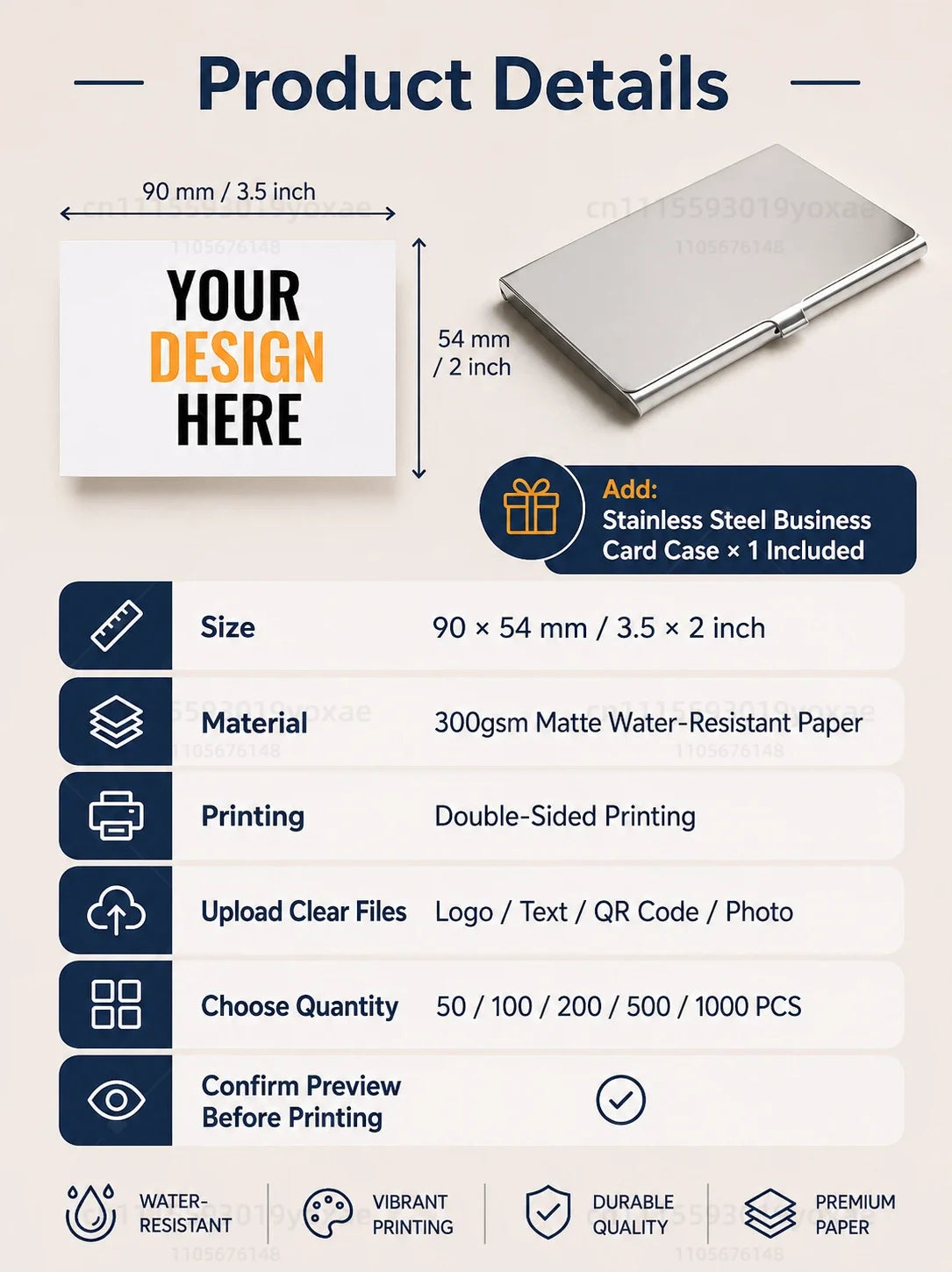 Custom Business Cards 50-1000PCS Personalized Double Sided Full Color Printing 300GSM Matte Paper Professional Name Cards