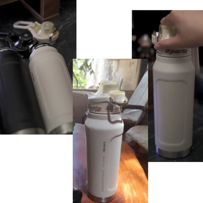 1L Stainless Steel Thermos Bottle, Iced & Heat Insulated Cup, Hiking Cycling Fitness Vacuum Flask with Handle